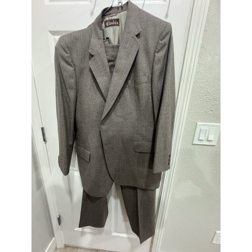 Vintage LANVIN Mens Brown Pinstripe Wool Flat Front Suit Old Money,